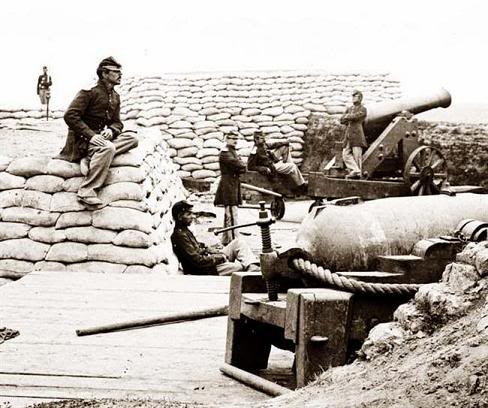 A sandbagged military position during the American Civil War. 