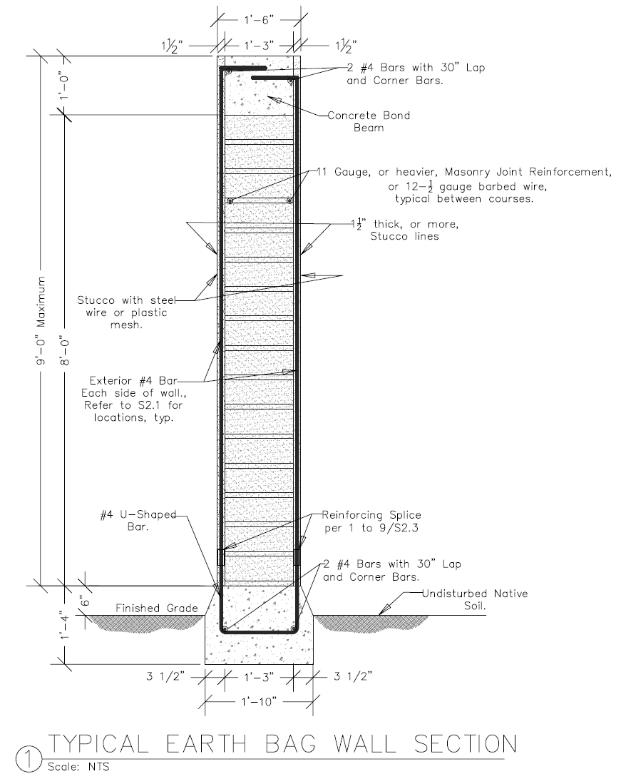Reinforced Earthbag Wall Section for Seismic Areas (click to enlarge)