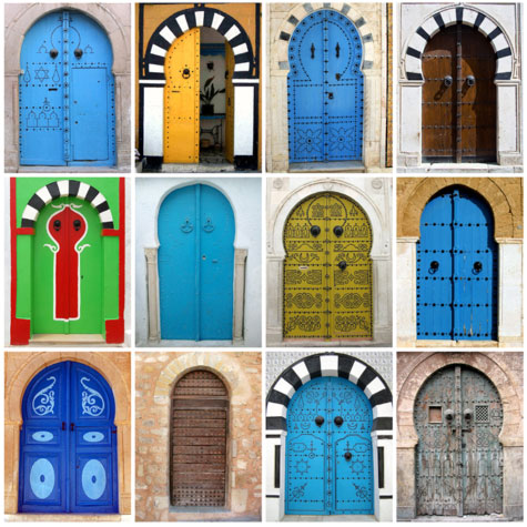 Brightly colored arched doors, Tunisia