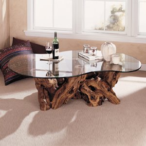 Unique tree root table with glass top