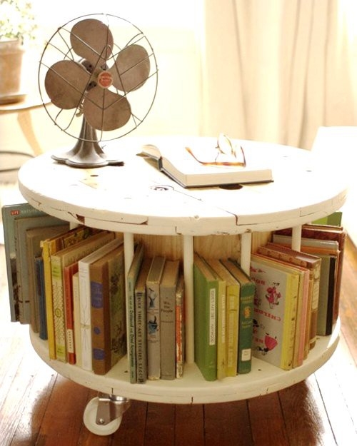 Cable spool bookcase and table