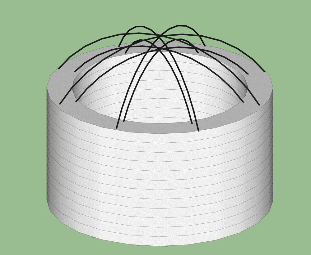 Illustration of Desert Dome Shelter showing sand bag walls (or polypropylene tubes) and domed rebar roof. (click to enlarge)