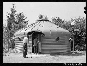 Archival photo of the Dymaxion Deployment Unit prototype assembled in Washington in 1941. Courtesy of the Estate of R. Buckminster Fuller
