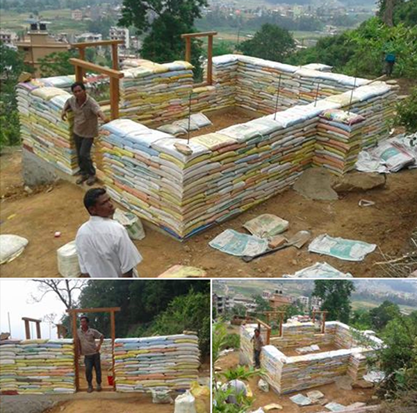 Earthbag school building in Goldhunga under construction.