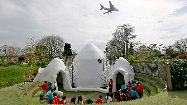 Hounslow Heath infants' school is directly under the flight path of Heathrow's southern runway and outside play for the children is interrupted every two minutes or so by landing aircraft passing over their heads. Photo: Reuters