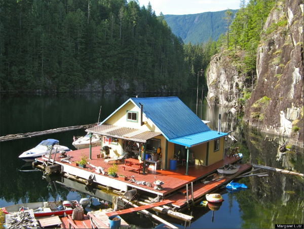 The cabin seen from above on the Lutzs' cliff stairs. It is free floating but anchored to the cliff by 3/4" steel cables. There's a gangplank and transition float with a bridge to shore.