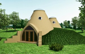 Modular solar earthbag domes with reciprocal roofs can be joined to create larger structures of any size.