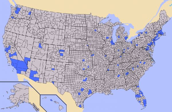 U.S. population map – 146 blue counties are the most populated areas