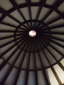 Looking up at the ceiling inside Zak’s earthbag hut