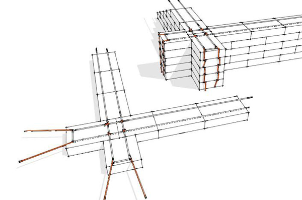 Buttressed earthbag corners reinforced with rope ties