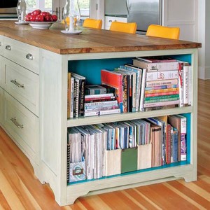 Cabinet bookshelves: “When you want cookbooks close at hand, provide shelves at least 10 inches deep and 12 inches high, or size them to your biggest books.”