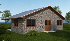 This cordwood house could be built with earthbags, straw bales or other sustainable materials.