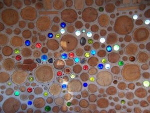 Bottles in cordwood wall