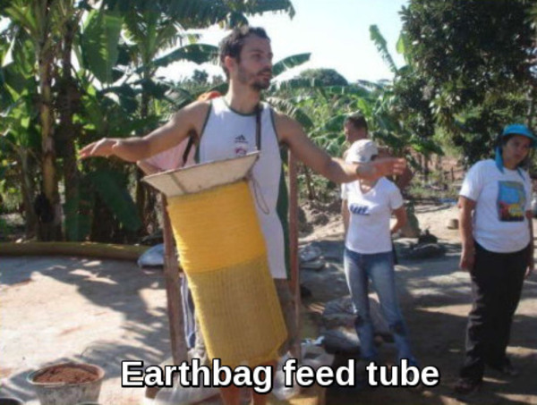 Feed tube for filling earthbag tubes (hyperadobe mesh tubing in this case)
