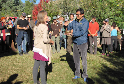 Catherine Wanek was presented with a special gift of a Nepali ringing bowl by Parshu.