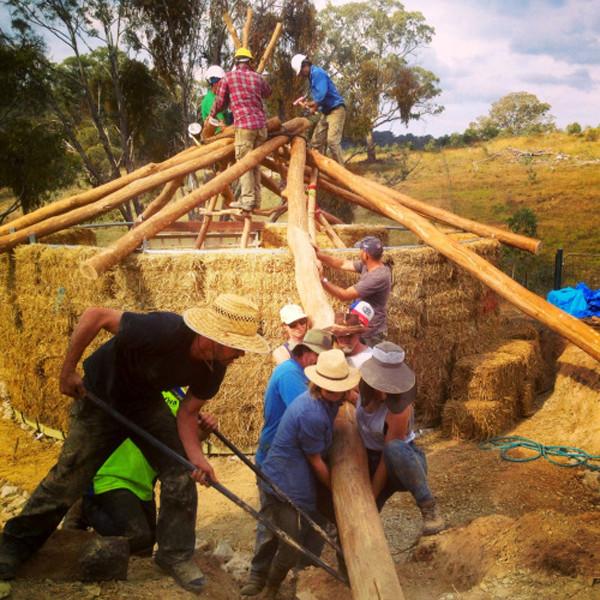 Reciprocal roof on strawbale roundhouse