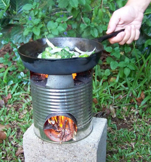 Homemade rocket stoves like this can cook food with twigs and other plant debris.