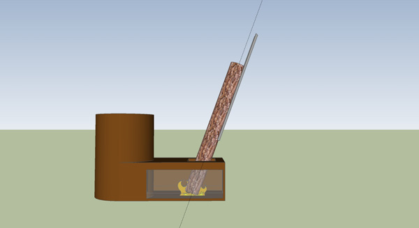 Self-feeding/gravity-fed rocket heater for burning wood poles
