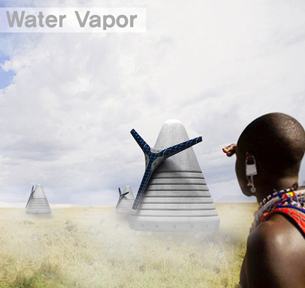 Water vapor machine makes water by combining hot air and cold air (main structure could be an earthbag dome)