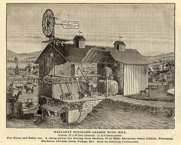 Windmills were widely used, sometimes in farm cooperatives, for pumping water and operating farm and factory machinery.