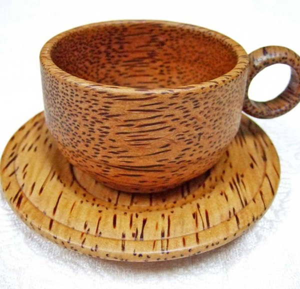 Wooden coffee and tea cups made out of coconut wood